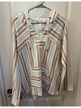 NWT Roxy Striped Hooded Baja Pullover in Cream, Brown & Blue - L